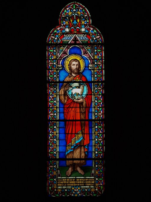 Ensemble de 5 verrières figurées : Saint Jean-Baptiste, saint François d'Assise, sainte Elisabeth, saint Joseph père nourricier du Christ, saint Michel terrassant le démon