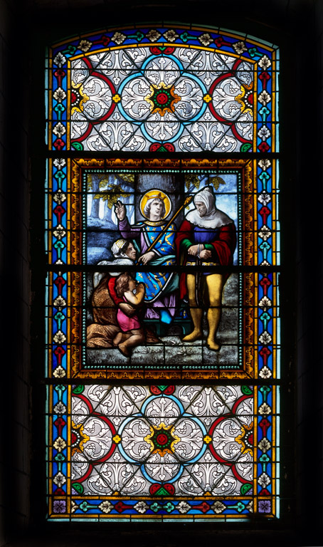 Ensemble de 6 verrières : Vierge de Lourdes, Sacré-Coeur, Education de la Vierge, saint Nicolas, saint Louis, saint Hyacinthe (baies 3 à 6, 11 à 12)