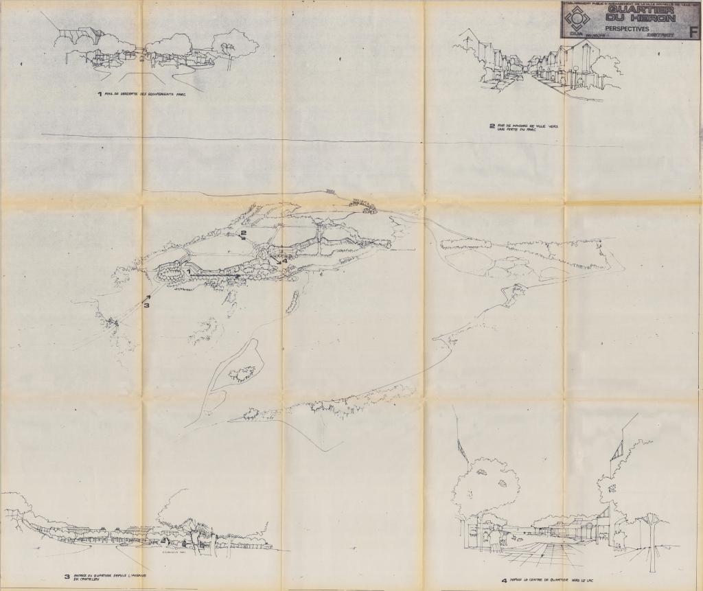 Projet pour le quartier du Héron, ÉPALE, 1978 : les rues rectilignes offrent des perspectives sur les rives ou convergent vers une place centrale, ouverte en hémicycle sur le lac, parcouru de bateaux de plaisance (AC Villeneuve-d'Ascq ; 130W18).