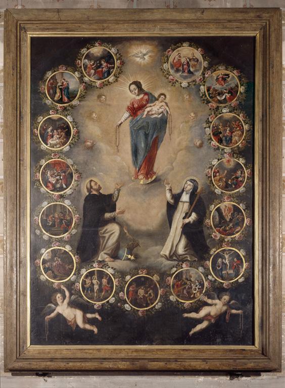 Tableau d'autel et cadre : Notre-Dame du Rosaire entre saint Dominique et sainte Catherine de Sienne