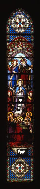 Ensemble de 5 verrières figurées décoratives : l’Église triomphante, l’Église militante, l’Église souffrante, la consécration de la France à la Vierge, la proclamation du dogme de l'Immaculée Conception (baies 0 à 4)