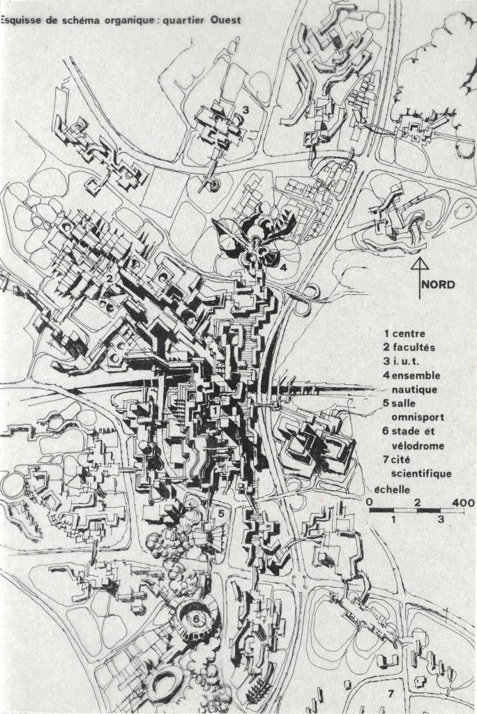 Esquisse de schéma organique du quartier ouest, 1967, Michel Marot et Jean-Pierre Secq. On note la présence d'un centre très dense conçu sur dalle et une stricte séparation des flux piétons et automobiles (AC Villeneuve-d'Ascq ; 12EP59).