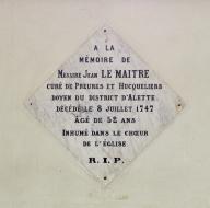 Plaque commémorative de Jean Le Maître (v.1695-1747), curé de Preures et d'Hucqueliers, doyen du district d'Alette.